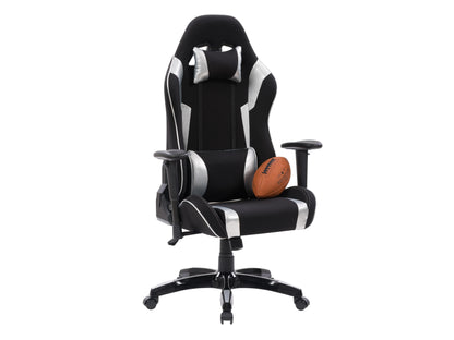 Ergonomic black and silver gaming chair with adjustable armrests, high back support, and breathable mesh fabric.