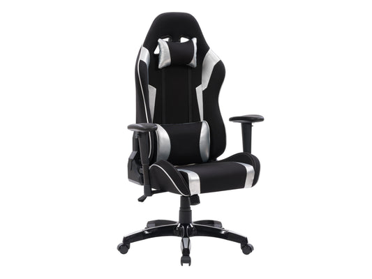 Ergonomic black and silver gaming chair with adjustable armrests, lumbar support, and high-density foam padding.