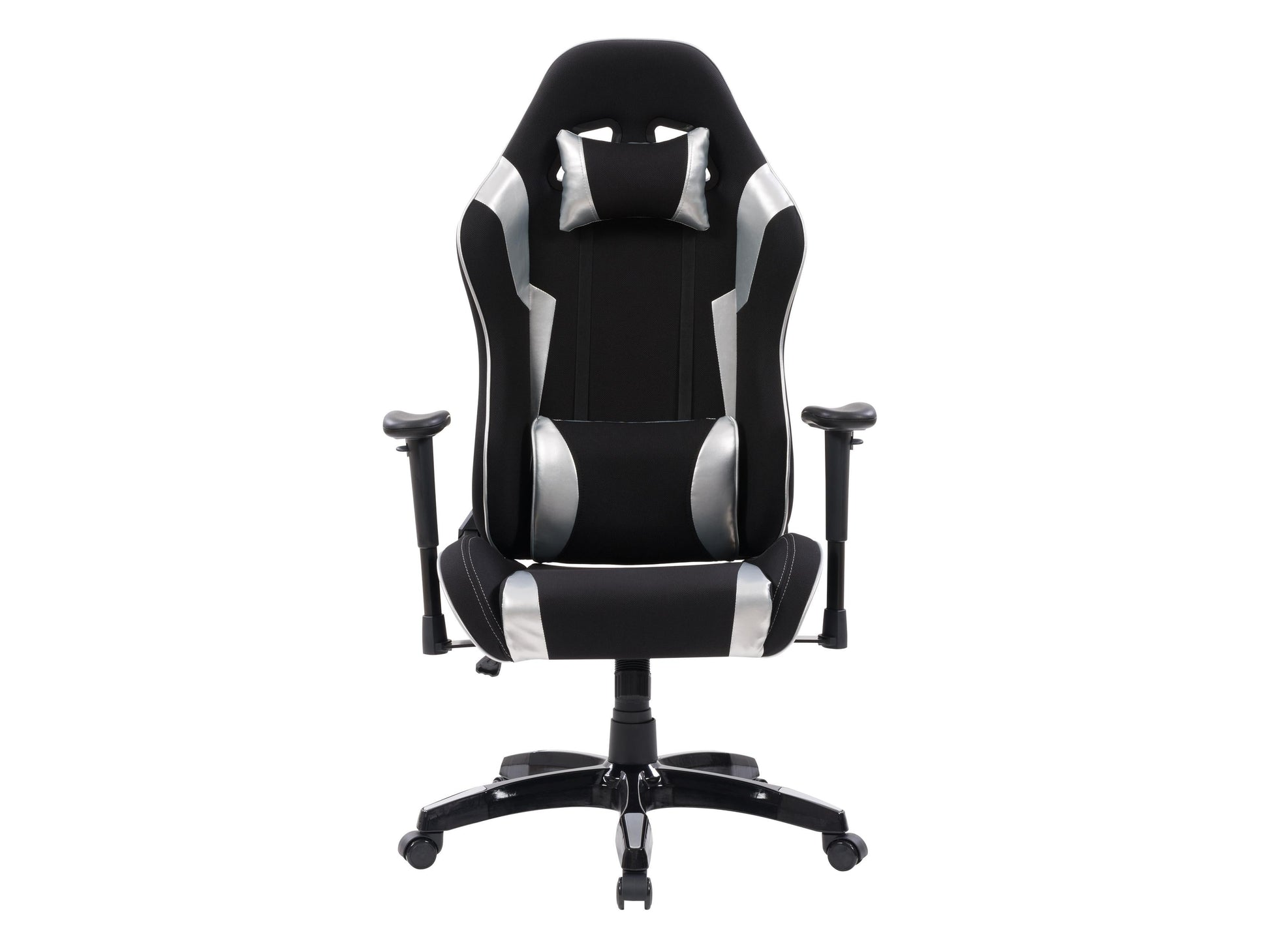 Ergonomic black and silver gaming chair with adjustable armrests, lumbar support, and high-density foam padding.