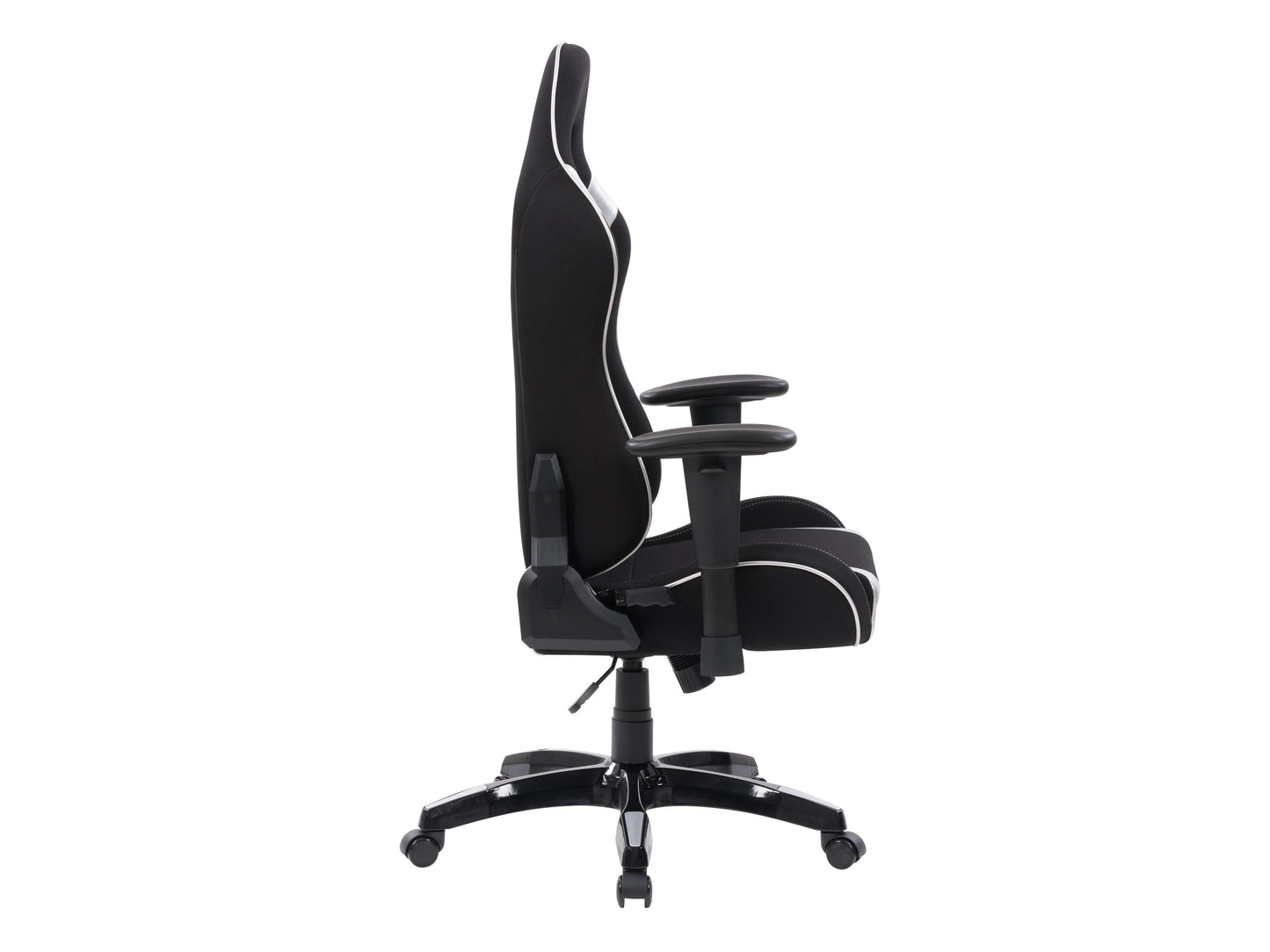 Ergonomic black and silver gaming chair with adjustable armrests, lumbar support, and a sleek design.