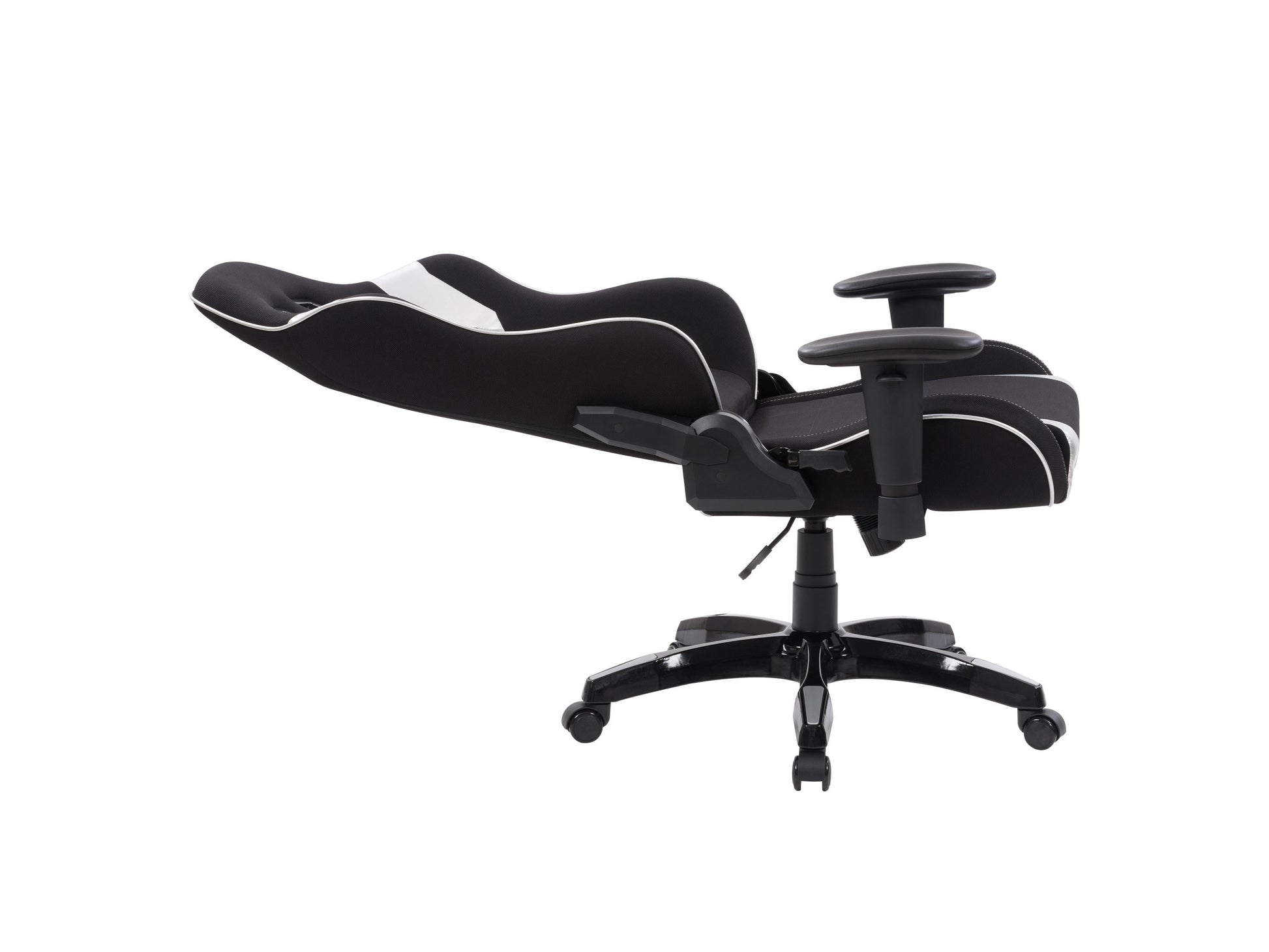 Ergonomic black and silver gaming chair with adjustable armrests, lumbar support, and high-density foam padding.