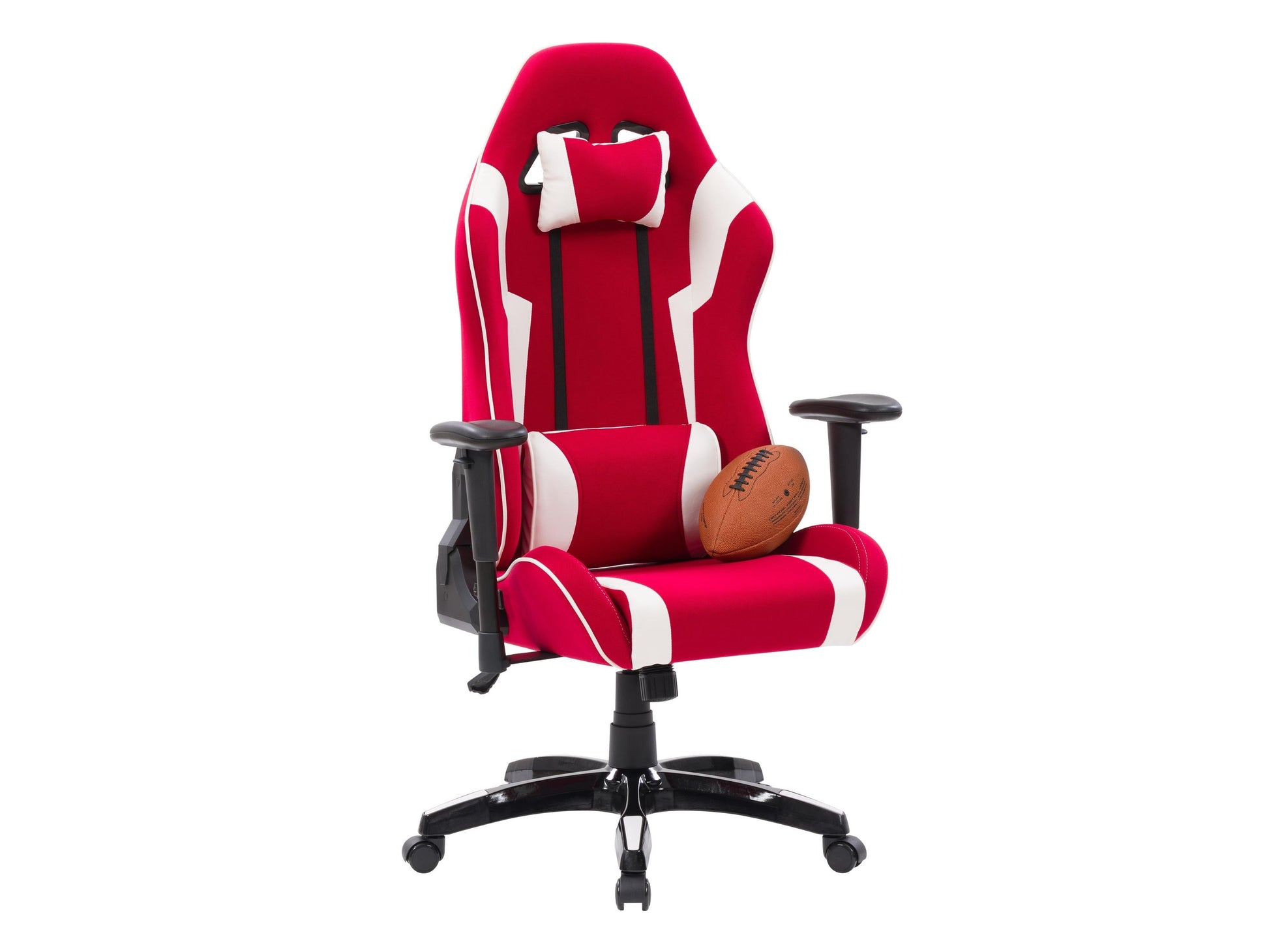 Red and white ergonomic gaming chair with adjustable armrests, high back support, and sleek design.