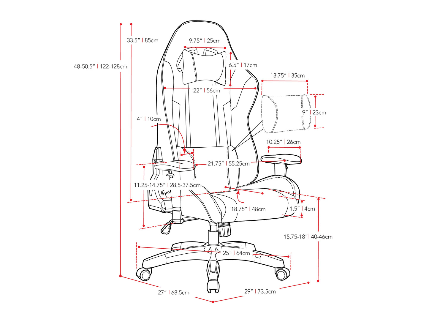 Red and white ergonomic gaming chair with adjustable armrests, lumbar support, and breathable mesh back.