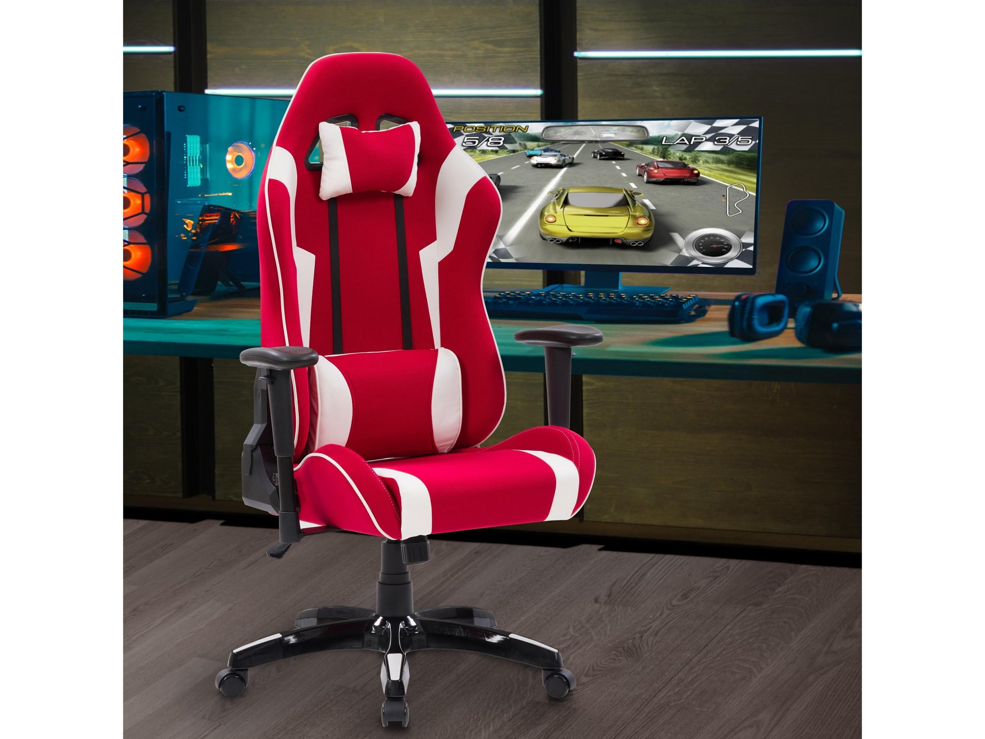 Ergonomic red and white gaming chair with lumbar support, adjustable armrests, and sleek design.