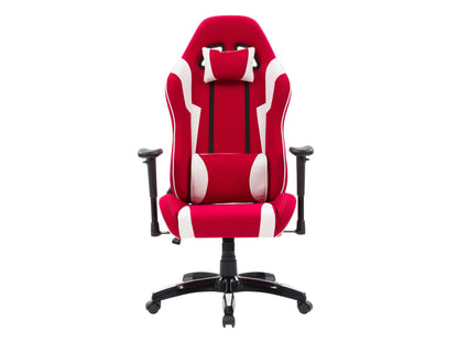 Ergonomic red and white gaming chair with adjustable armrests, lumbar support, and breathable mesh back.