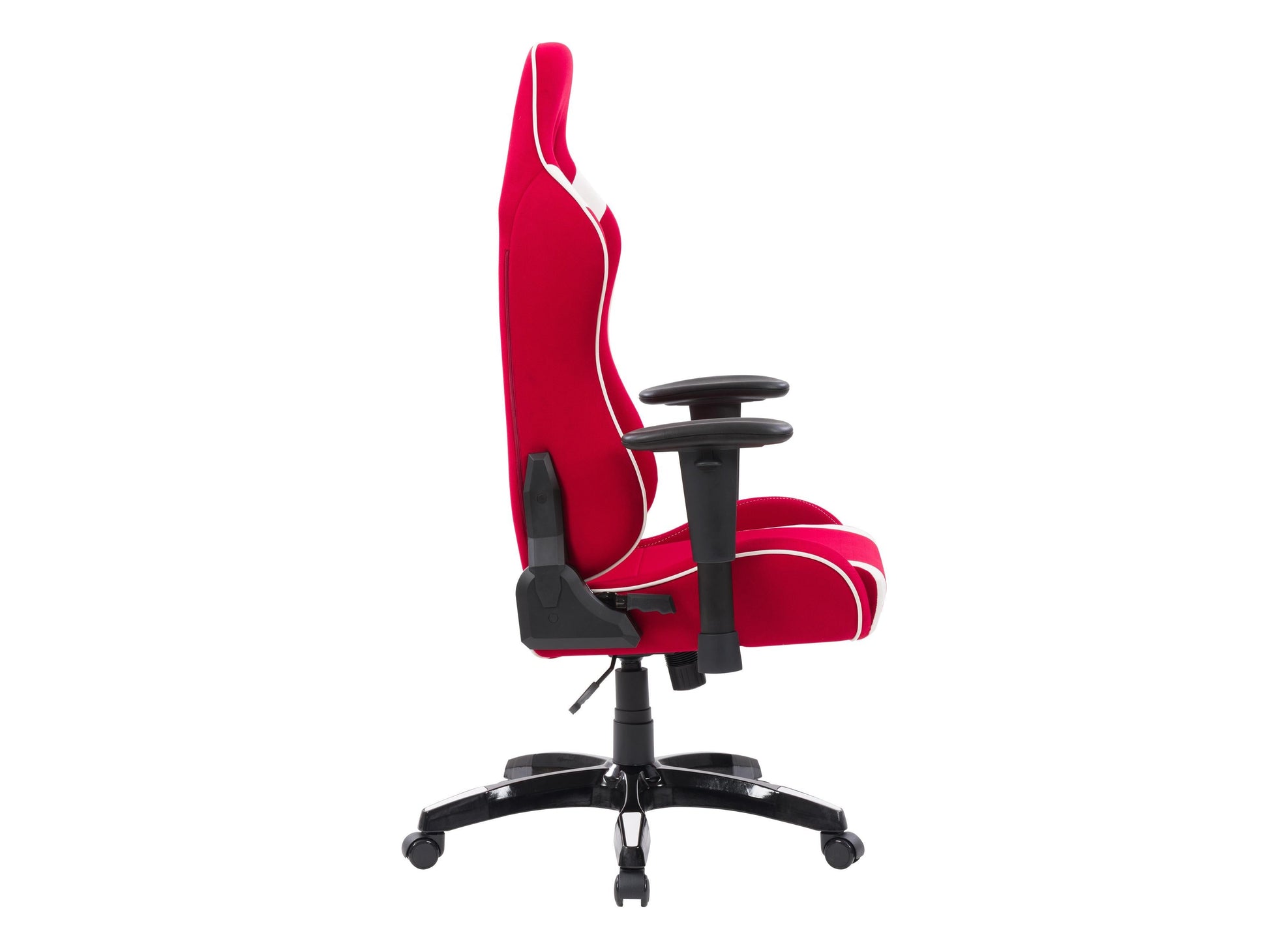 Ergonomic red and white gaming chair with adjustable armrests, lumbar support, and high-back design.