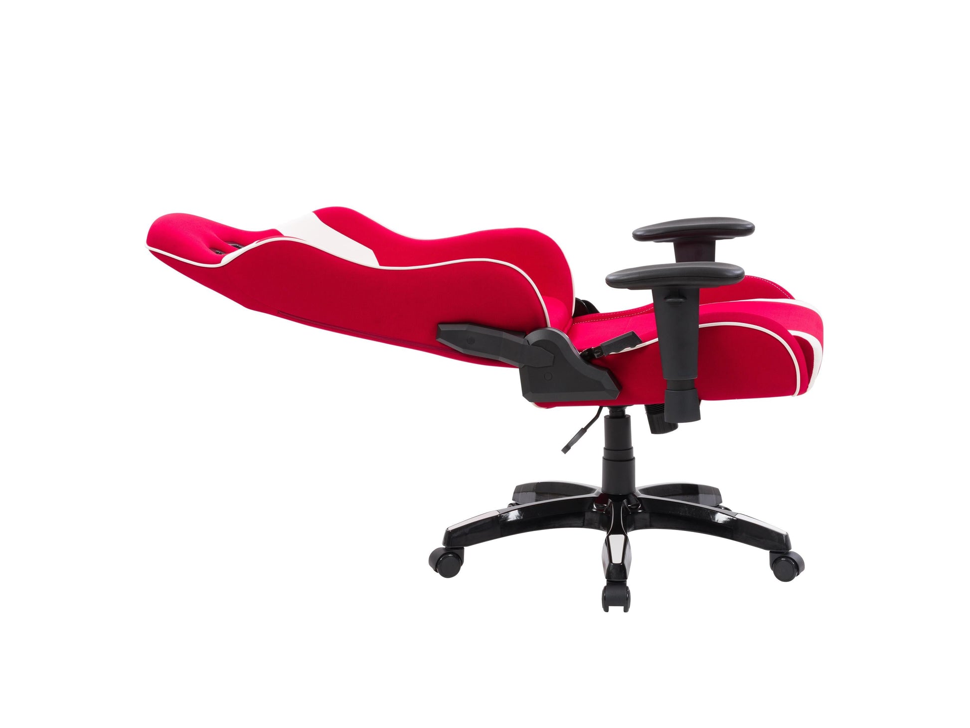 Ergonomic red and white gaming chair with adjustable armrests, high back support, and breathable mesh fabric.