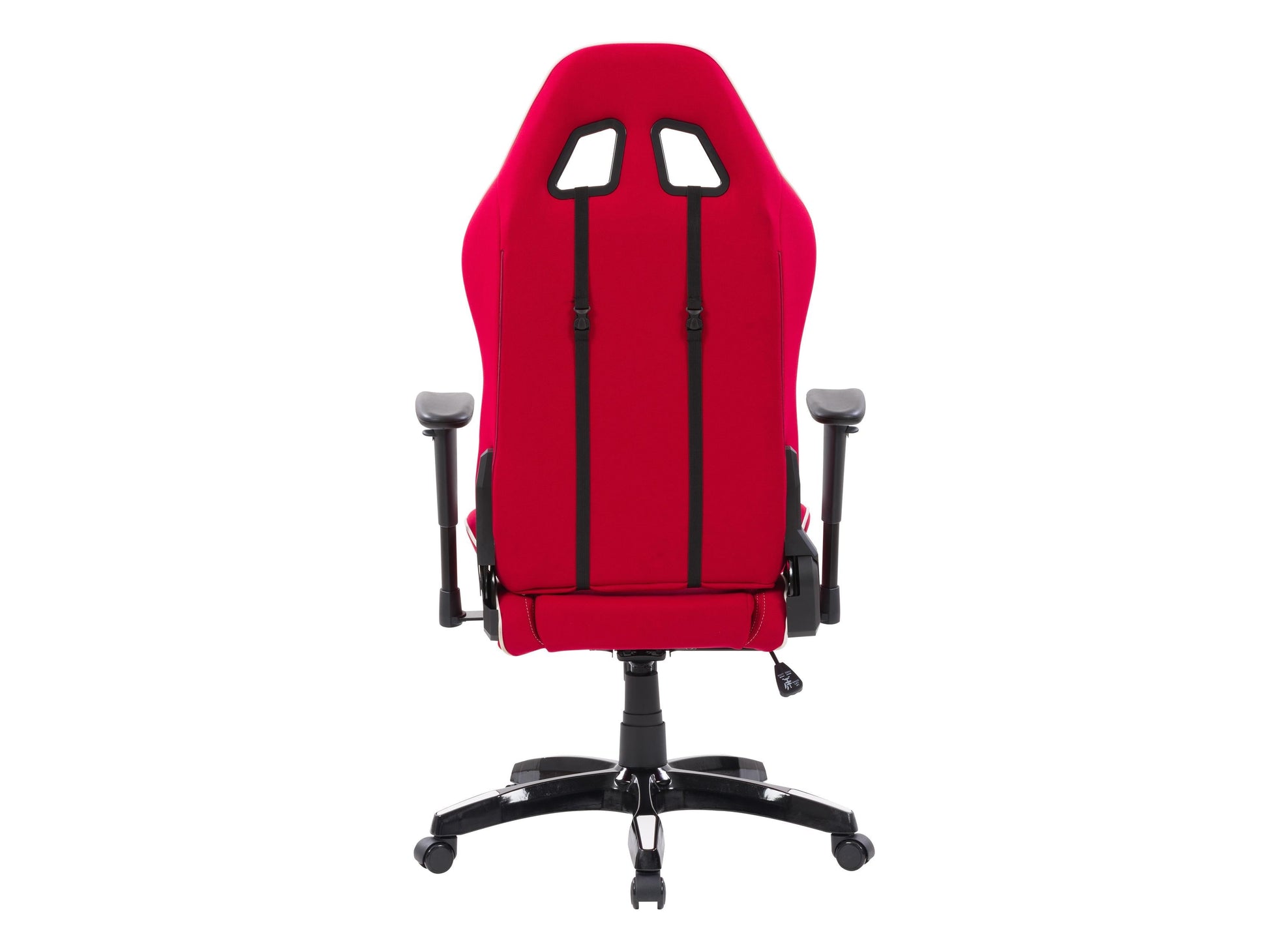 Red and white ergonomic gaming chair with adjustable armrests, lumbar support, and high-back design.