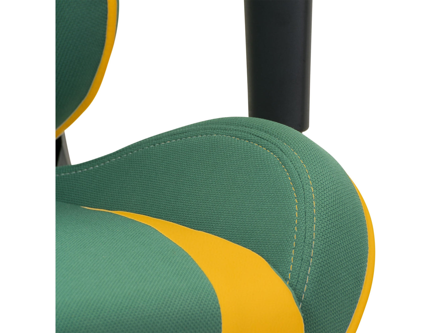 Ergonomic green and yellow gaming chair with lumbar support, adjustable armrests, and breathable mesh back.