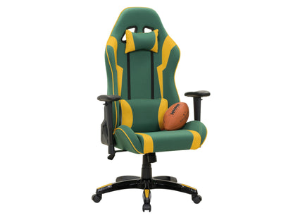 Ergonomic green and yellow gaming chair with adjustable armrests, lumbar support, and breathable mesh back.