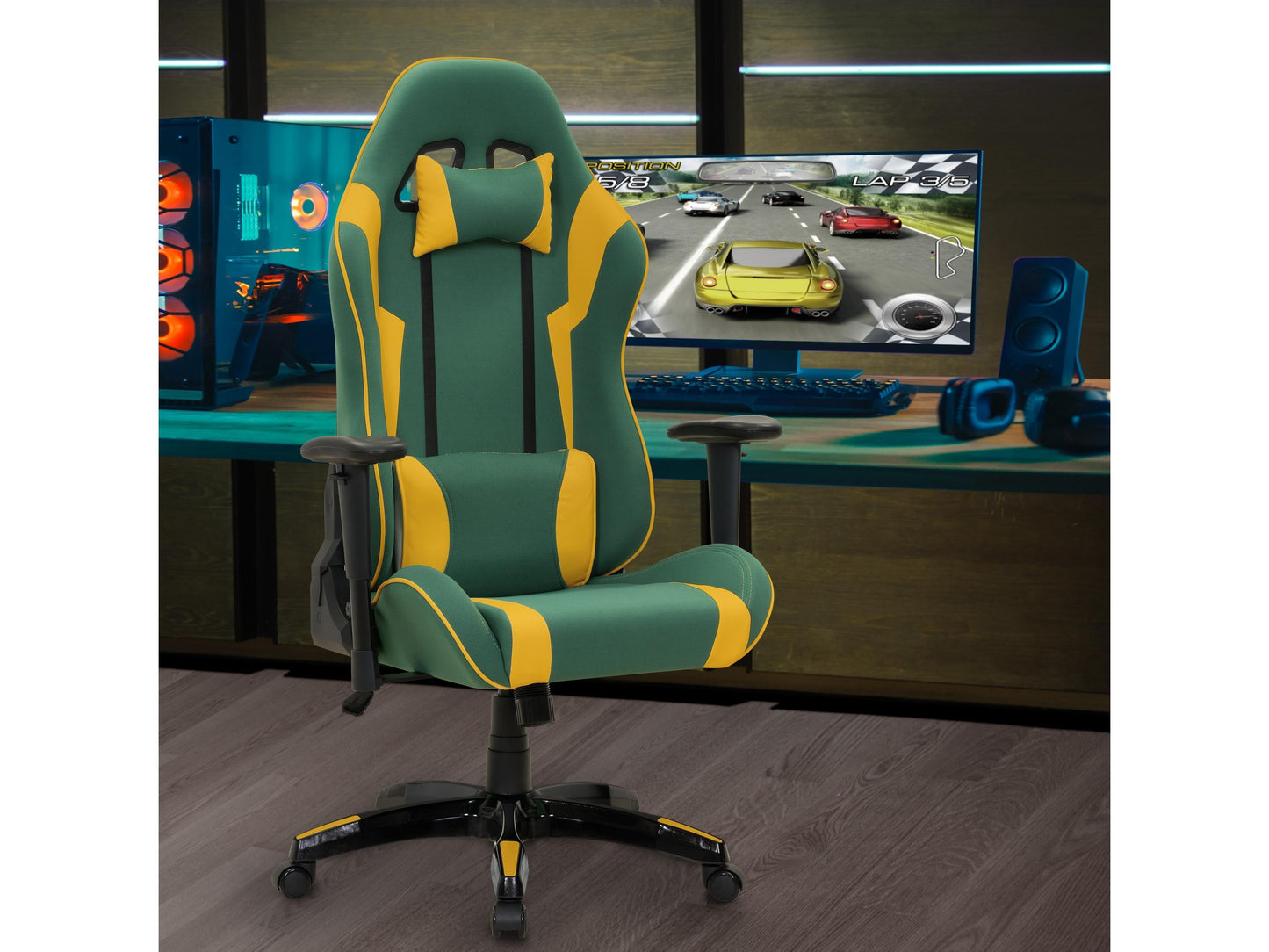 Ergonomic green and yellow gaming chair with lumbar support, adjustable armrests, and high-back design.