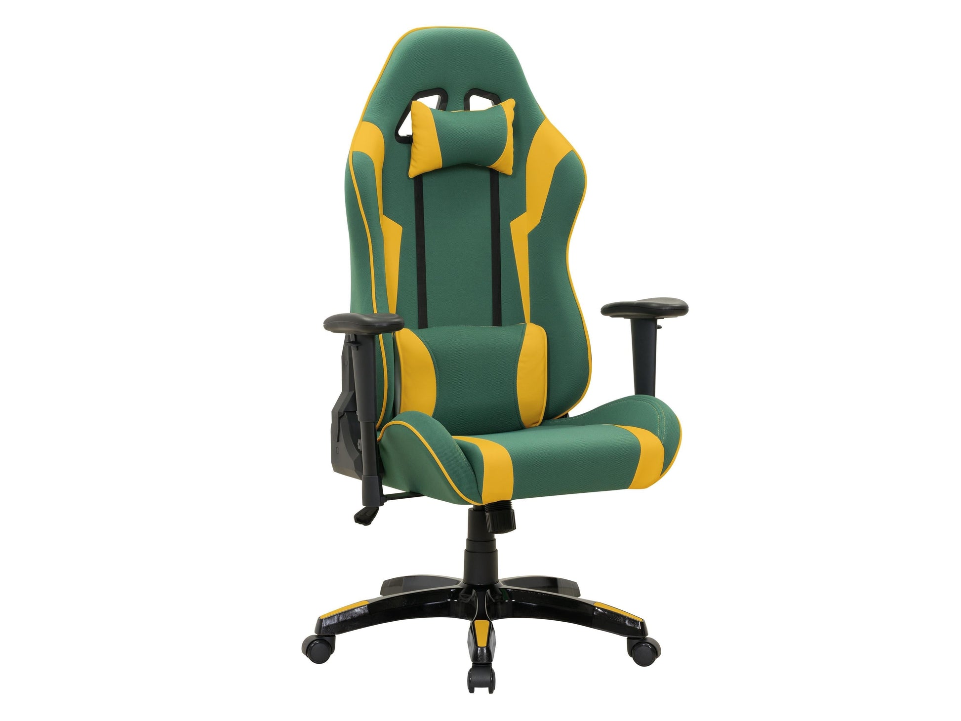 Ergonomic green and yellow gaming chair with adjustable armrests, lumbar support, and breathable mesh back.