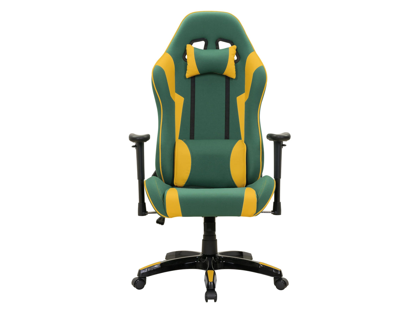 Ergonomic green and yellow gaming chair with adjustable armrests, lumbar support, and breathable mesh back.