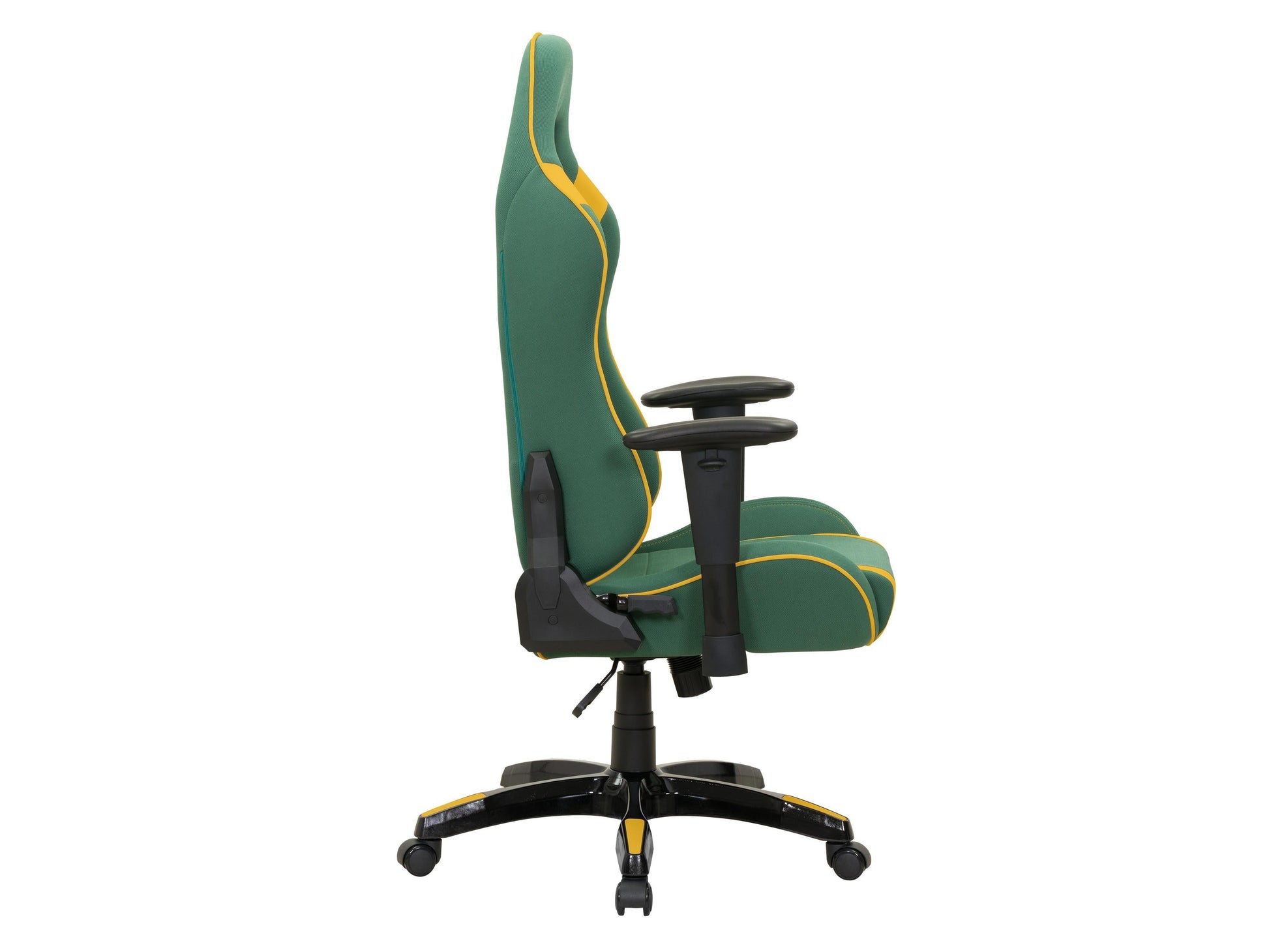 Ergonomic green and yellow gaming chair with adjustable armrests, lumbar support, and breathable mesh back.