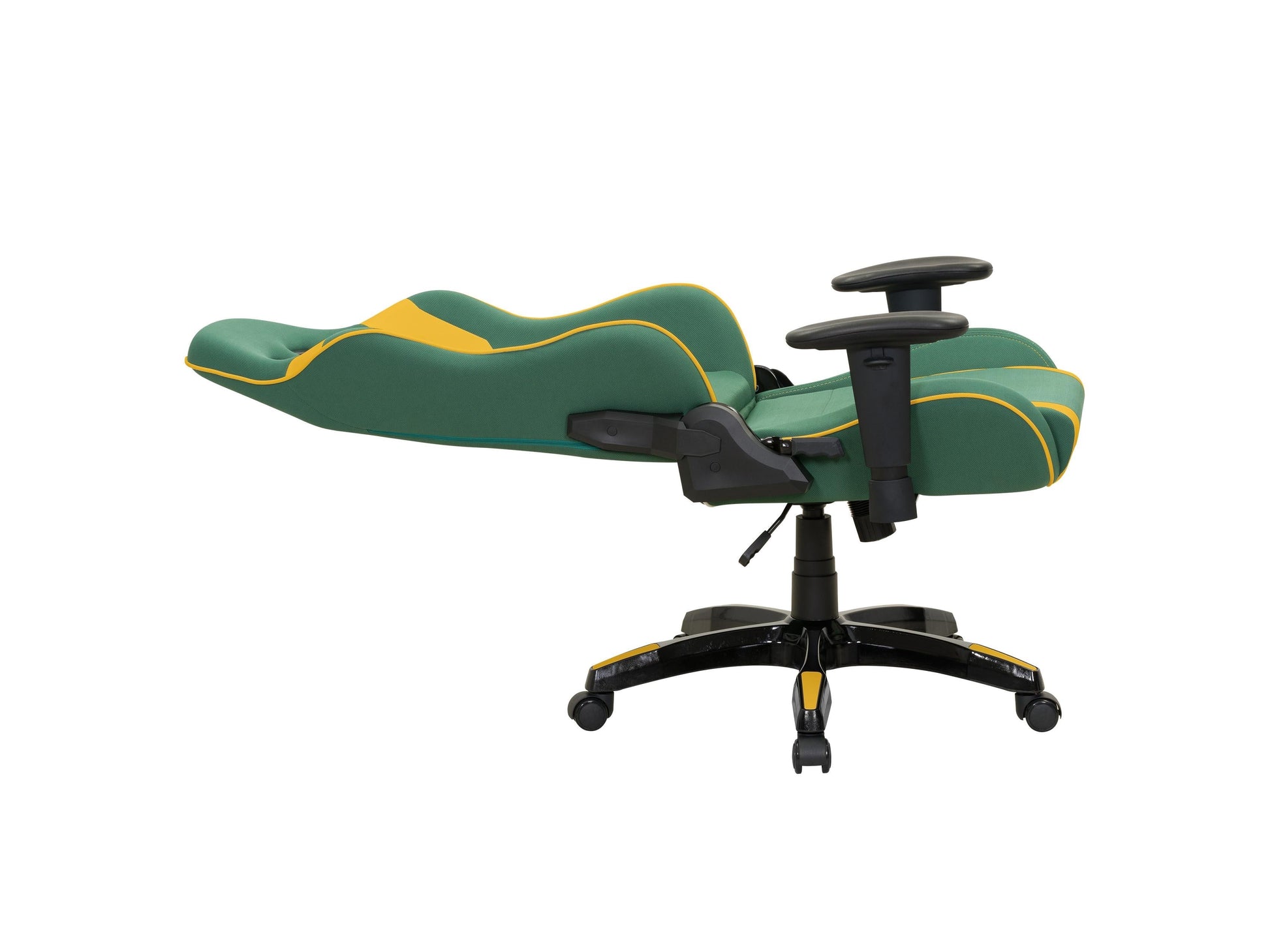 Green and yellow ergonomic gaming chair with adjustable armrests, high backrest, and lumbar support.