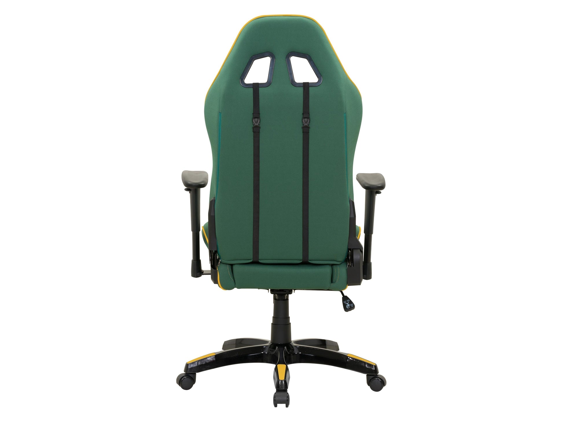 Ergonomic green and yellow gaming chair with adjustable armrests, high back support, and sleek design.