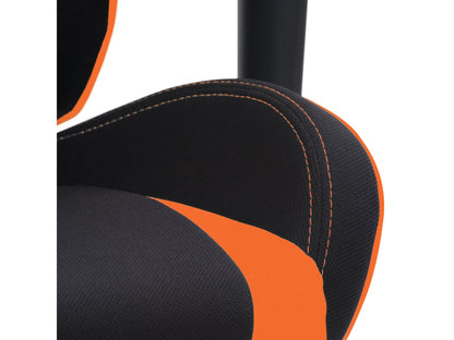 Ergonomic black and orange gaming chair with adjustable armrests, lumbar support, and high-back design.