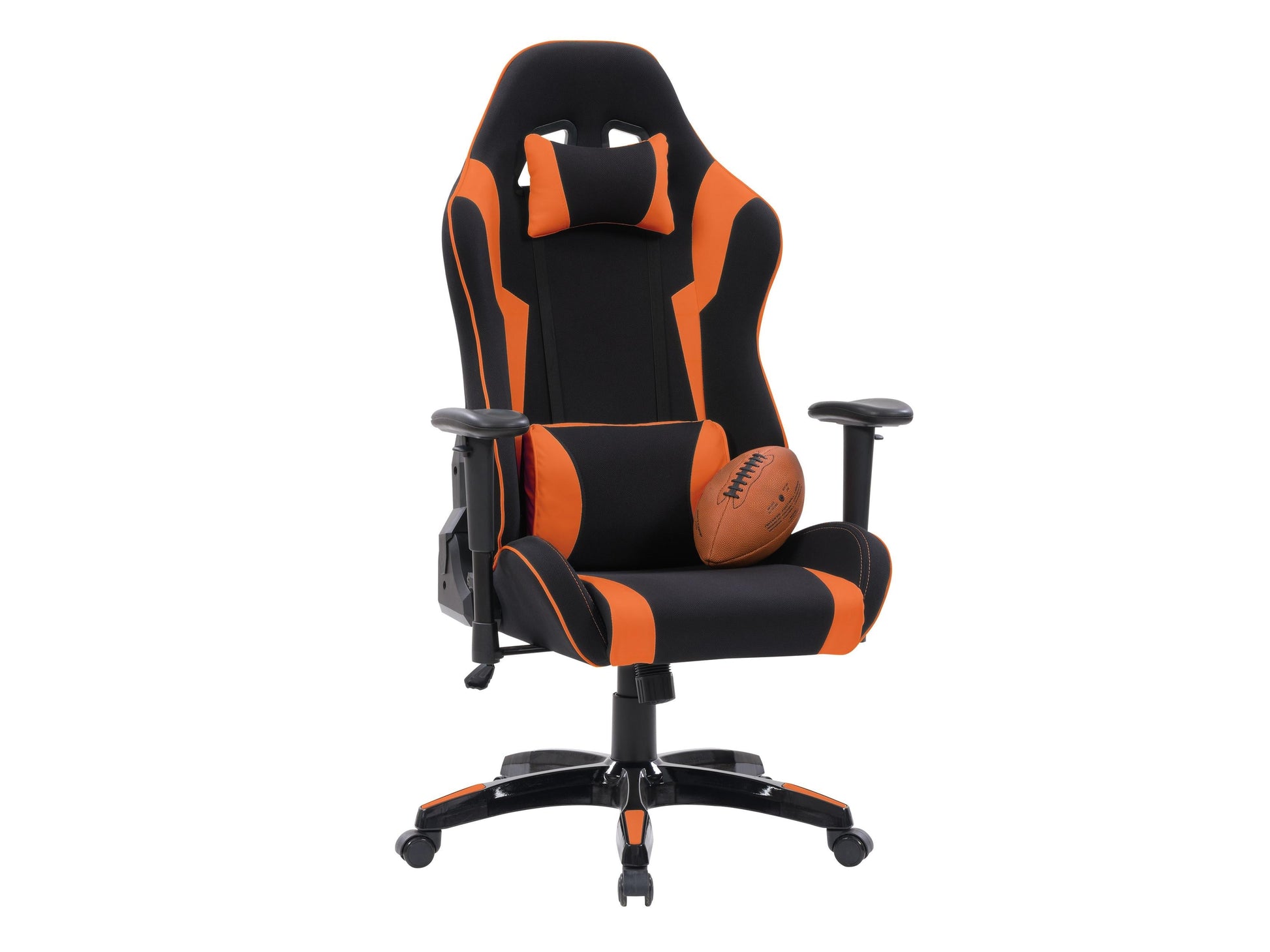 Ergonomic black and orange gaming chair with lumbar support, adjustable armrests, and high-density foam cushioning.