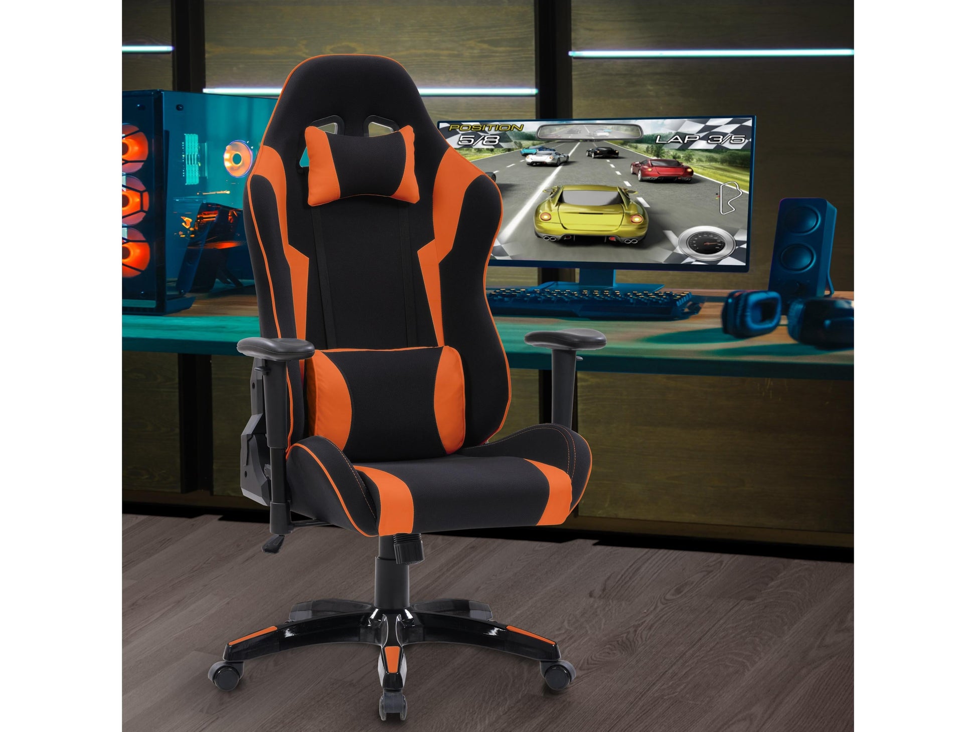 Ergonomic black and orange gaming chair with adjustable armrests, lumbar support, and high-back design.