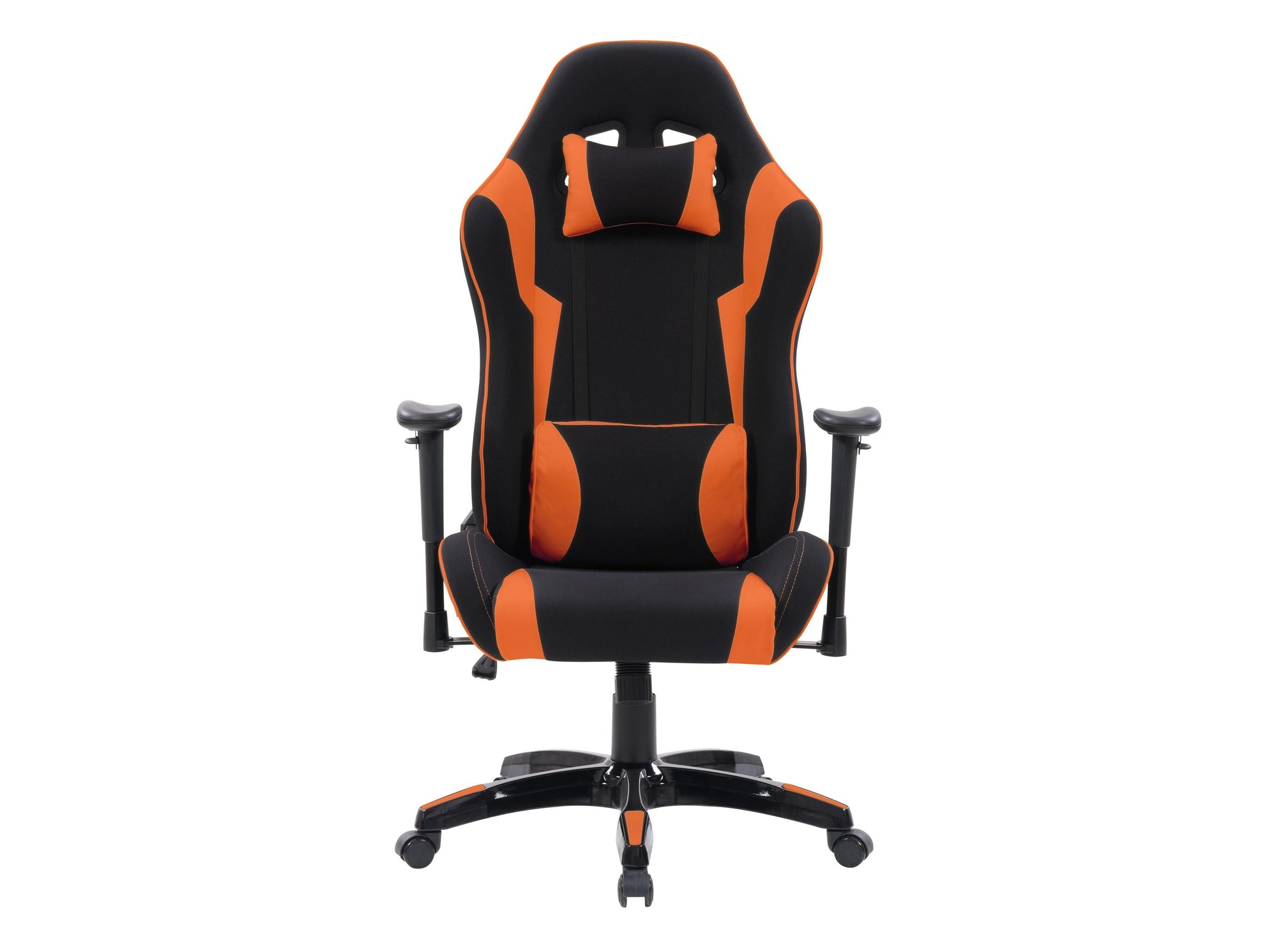 Ergonomic black and orange gaming chair with lumbar support, adjustable armrests, and high-density foam padding.