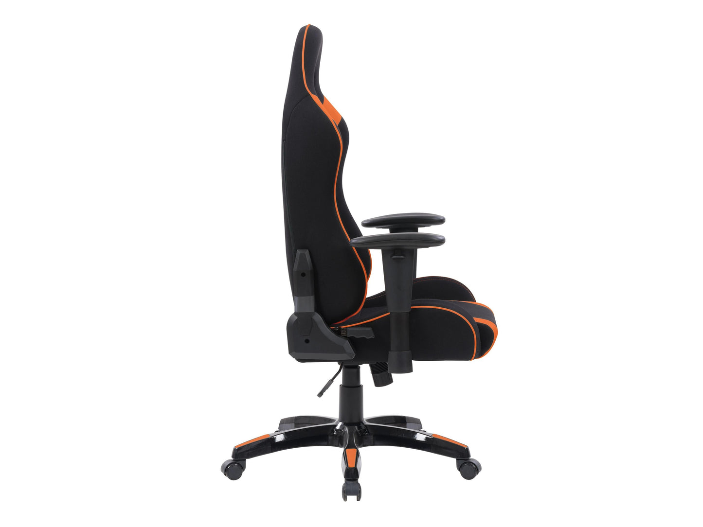 Ergonomic black and orange gaming chair with lumbar support, adjustable armrests, and high backrest.