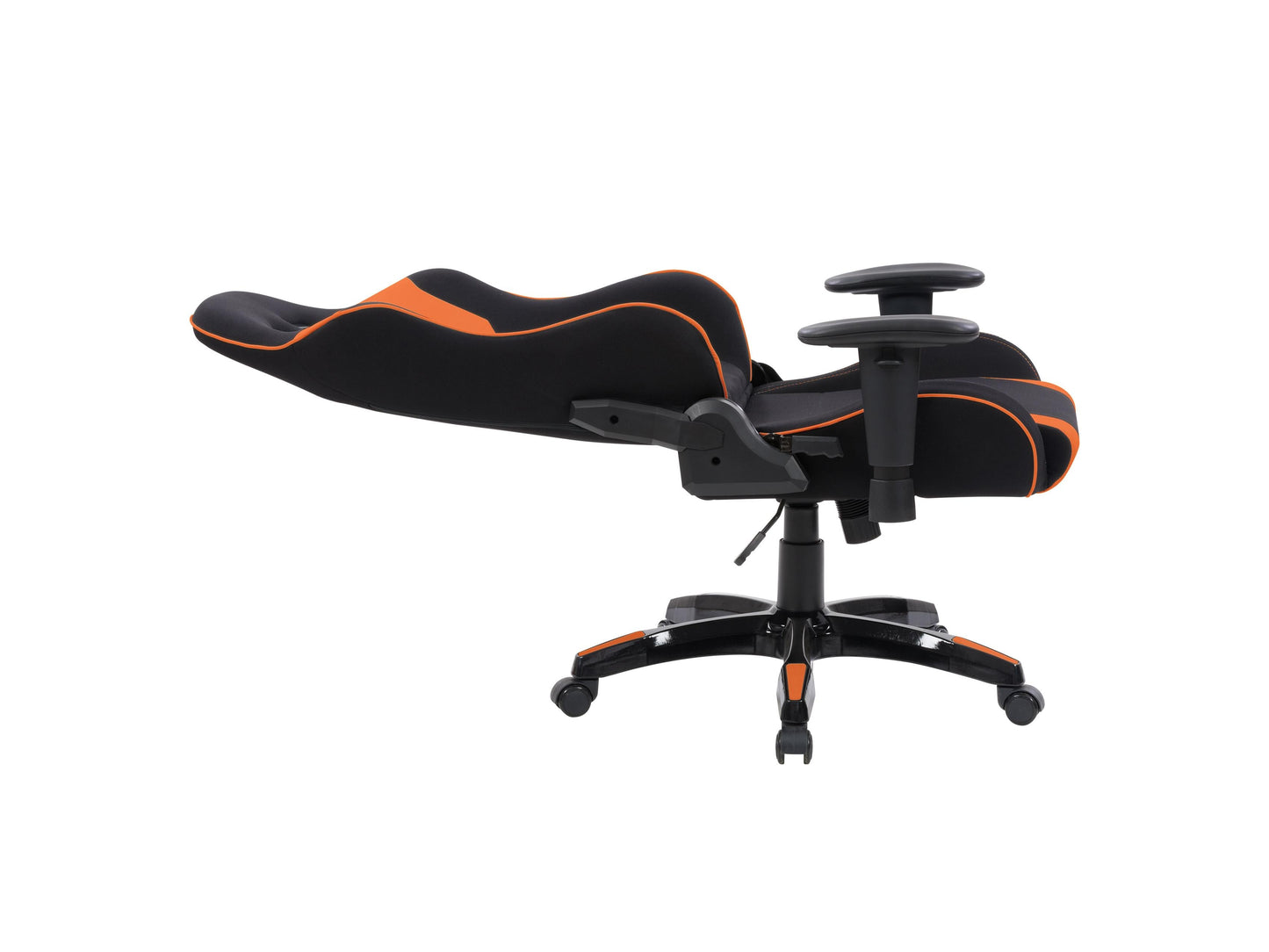 Ergonomic black and orange gaming chair with adjustable armrests, lumbar support, and breathable mesh back.