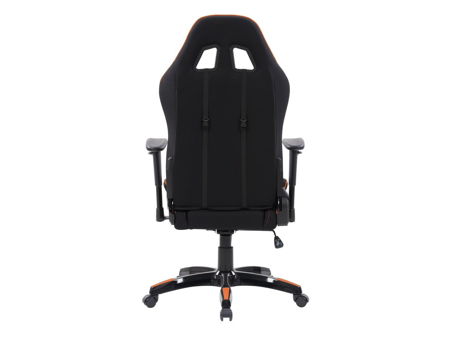 Ergonomic black and orange gaming chair with adjustable armrests, lumbar support, and high-density foam padding.