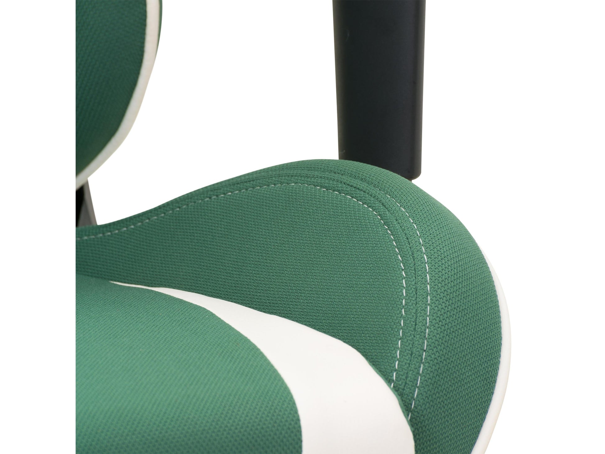 Ergonomic green and white gaming chair with adjustable armrests, lumbar support, and breathable mesh fabric.