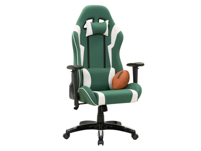 Ergonomic green and white gaming chair with adjustable armrests, high back support, and breathable mesh fabric.