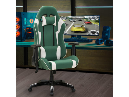 Ergonomic green and white gaming chair with adjustable armrests, lumbar support, and breathable mesh back.