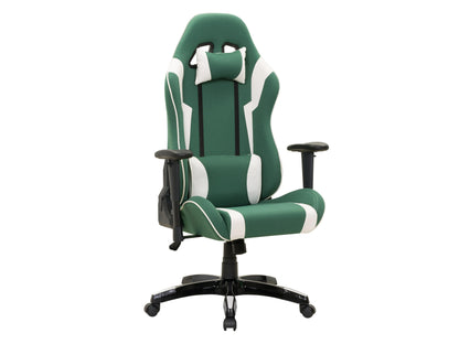 Ergonomic green and white gaming chair with adjustable armrests, high back support, and breathable mesh fabric.