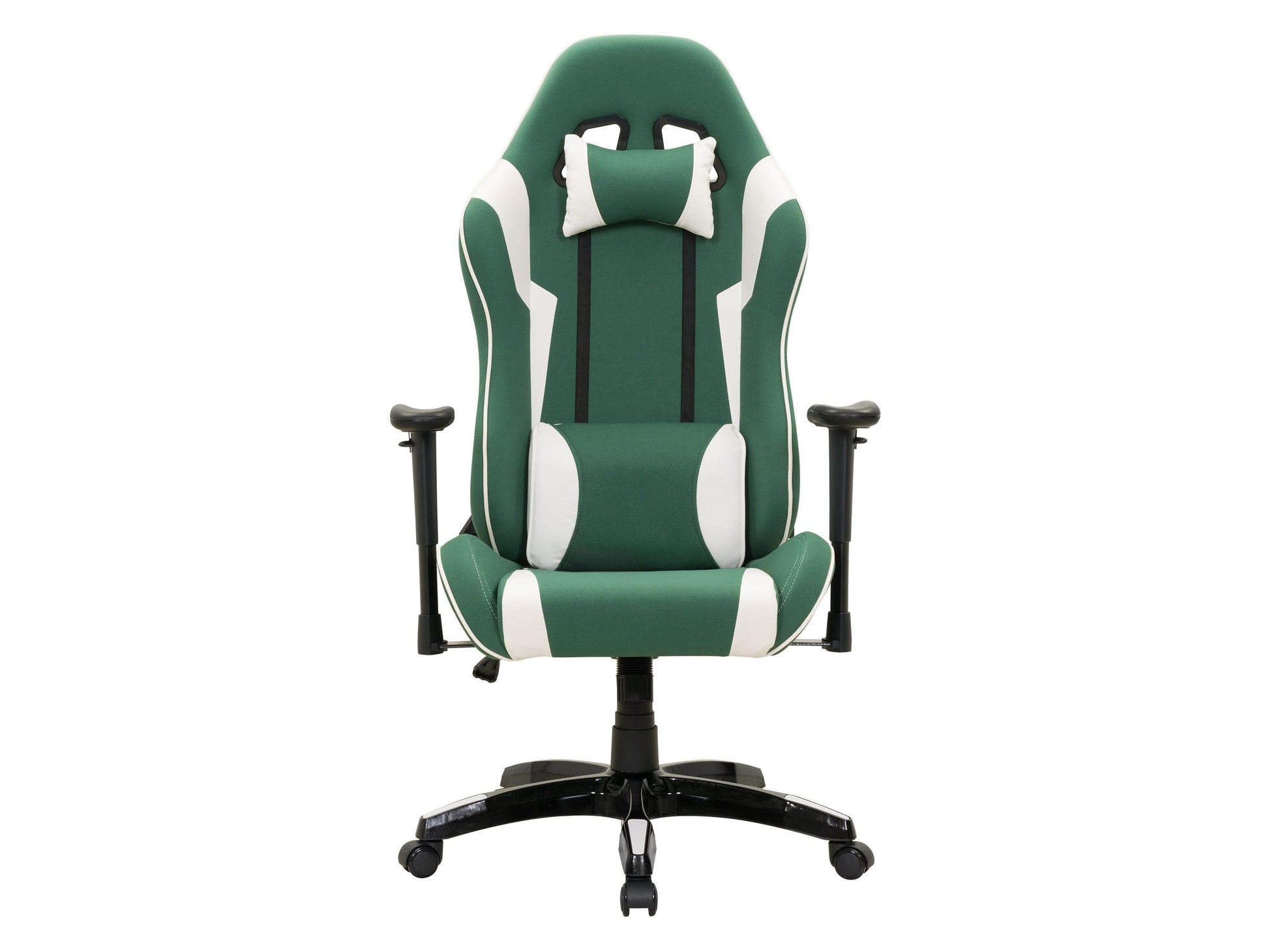 Green and white ergonomic gaming chair with adjustable armrests, lumbar support, and high-back design for ultimate comfort.