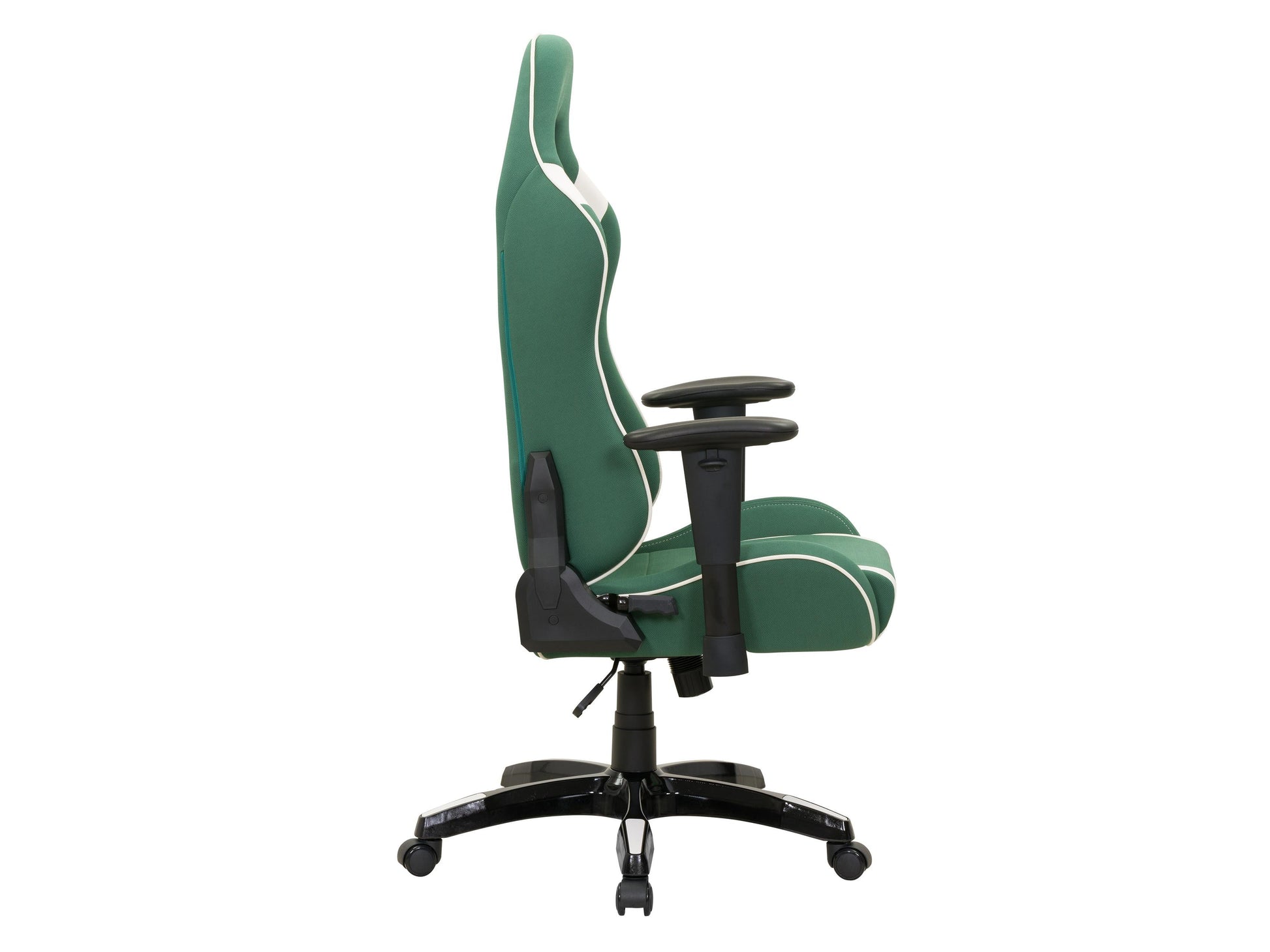 Ergonomic green and white gaming chair with lumbar support, adjustable armrests, and high-density foam padding.