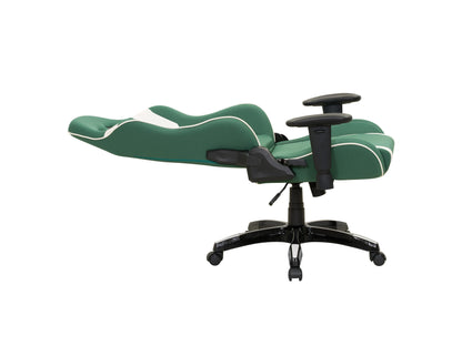 Green and white ergonomic gaming chair with adjustable armrests, high back support, and breathable mesh fabric.