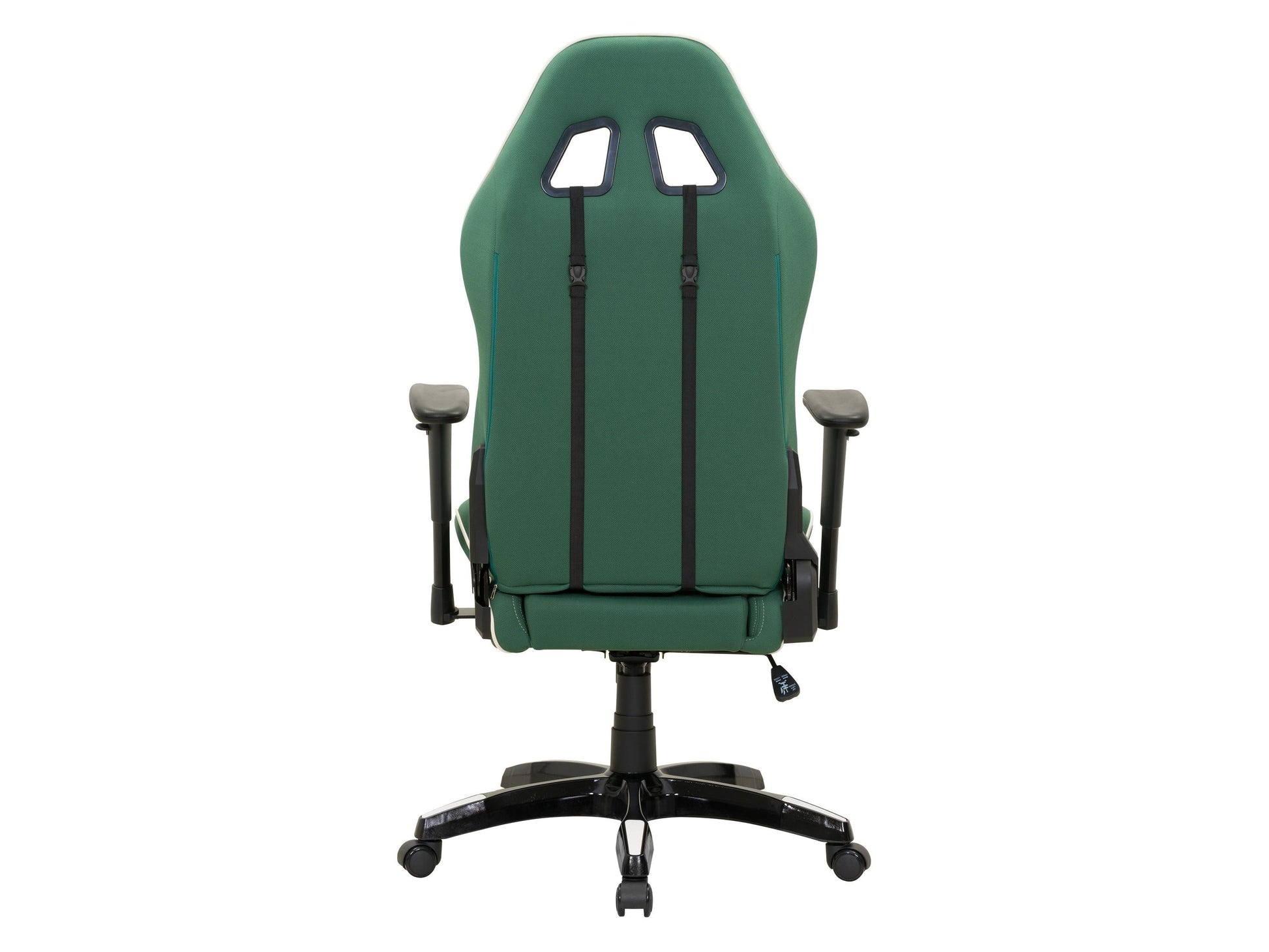 Ergonomic green and white gaming chair with adjustable armrests, lumbar support, and breathable mesh back.