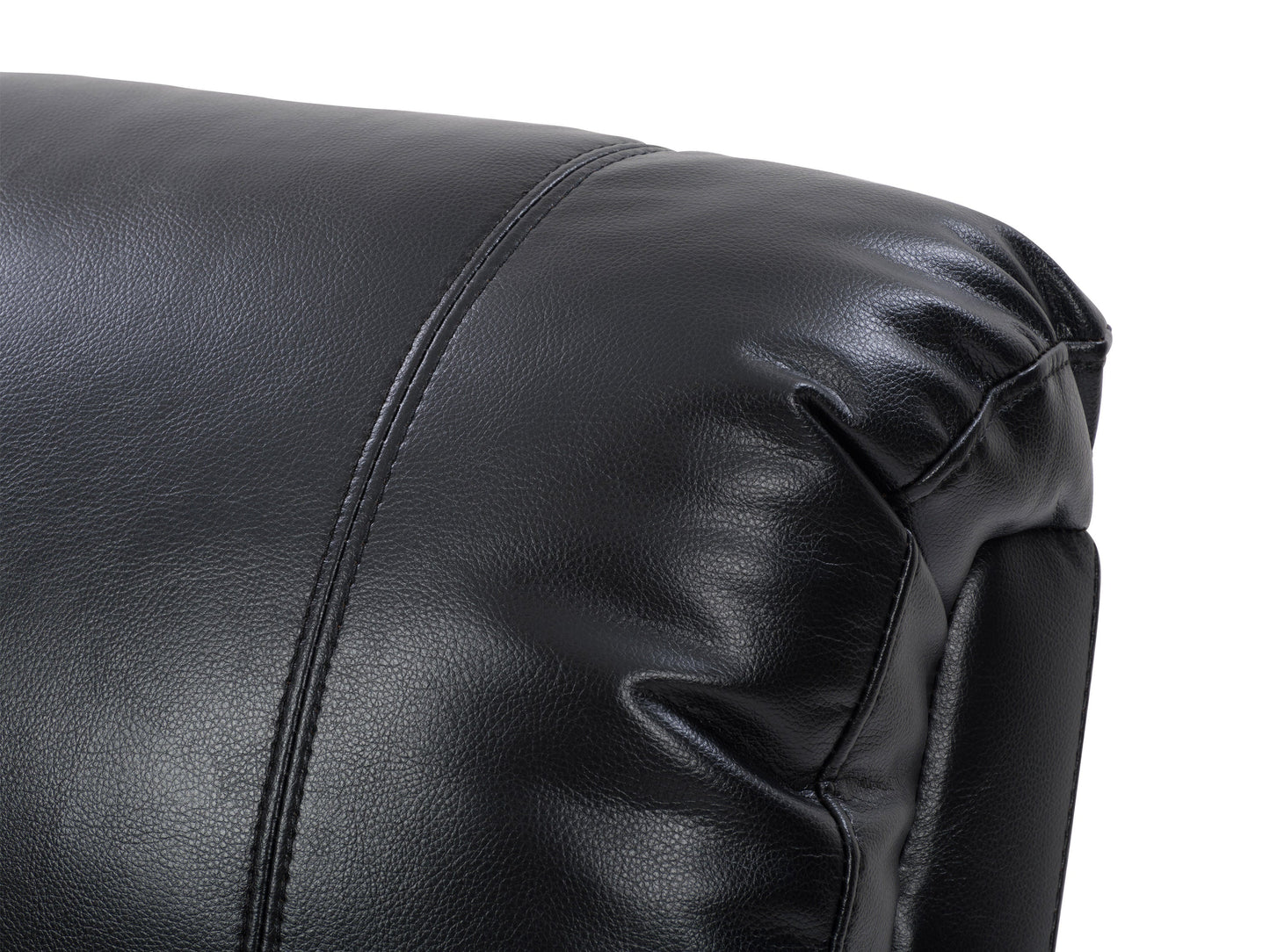 Black power recliner with cup holder, leather upholstery, and modern design.