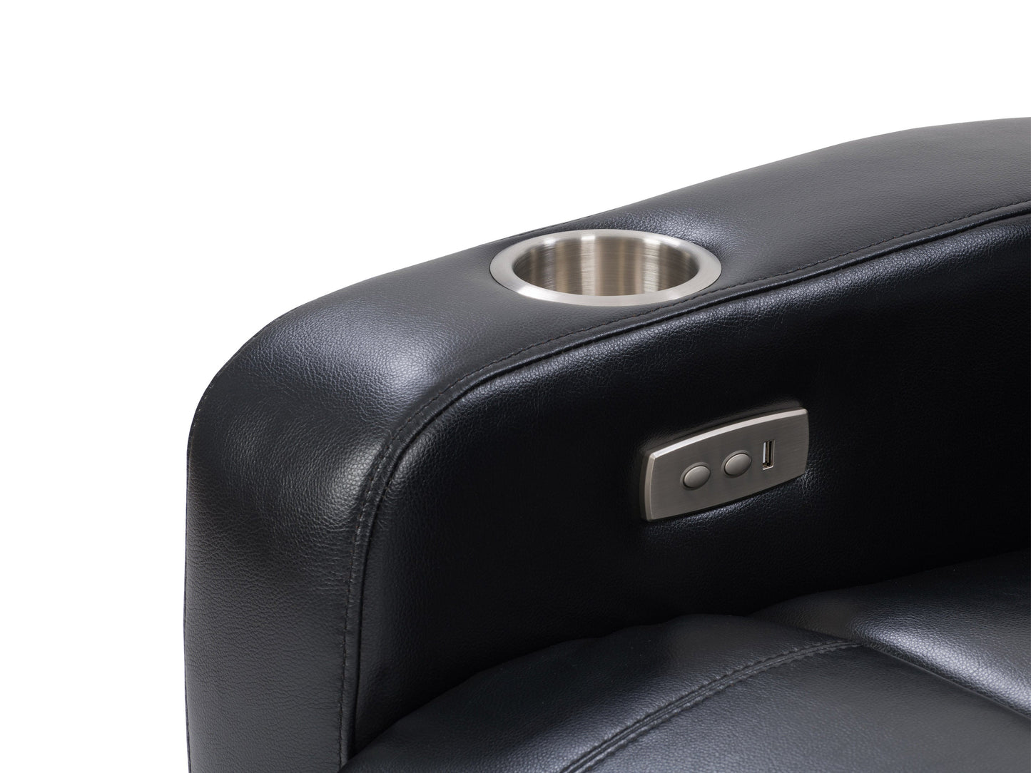 Black power recliner with cup holder, plush cushions, and sleek design for modern living rooms.