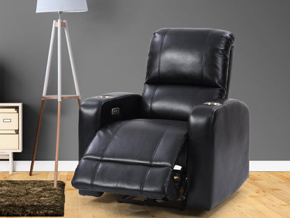 Black leather power recliner with cup holder, modern design, and plush cushioning for ultimate comfort.