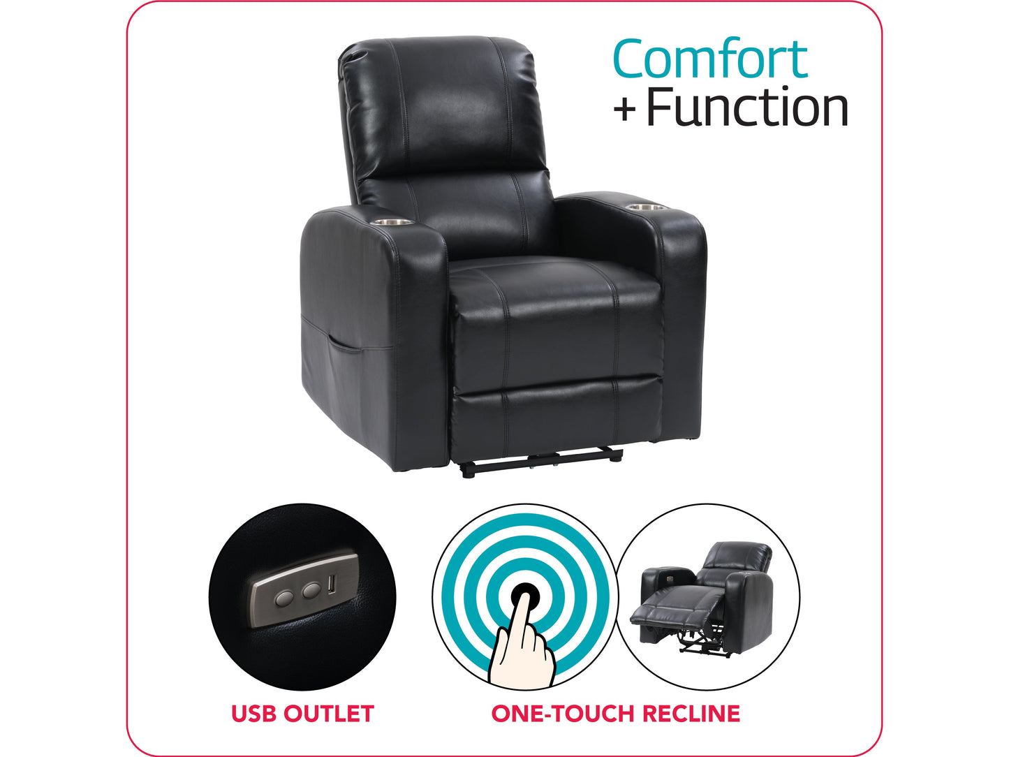 Black leather power recliner with cup holder, ergonomic design, and sleek metal base.