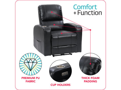 Black power recliner with cup holder, leather upholstery, and modern design.