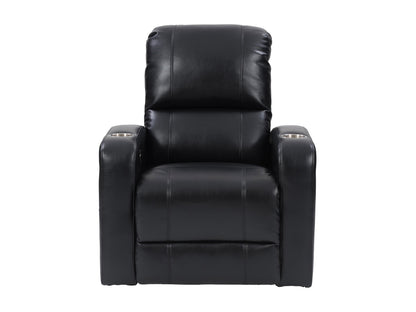 Black power recliner with cup holder, plush cushions, and sleek design.