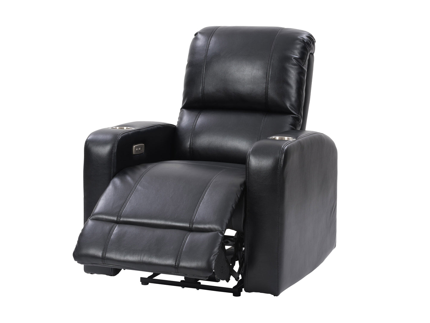 Black power recliner with cup holder, leather upholstery, and adjustable headrest.