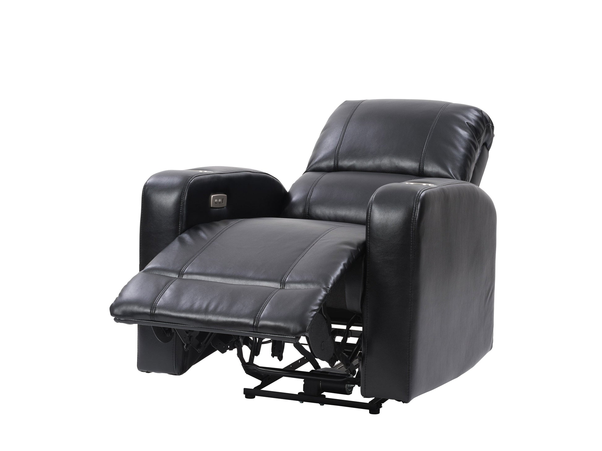 Black leather power recliner with cup holder, plush cushions, and sleek design for ultimate comfort and convenience.