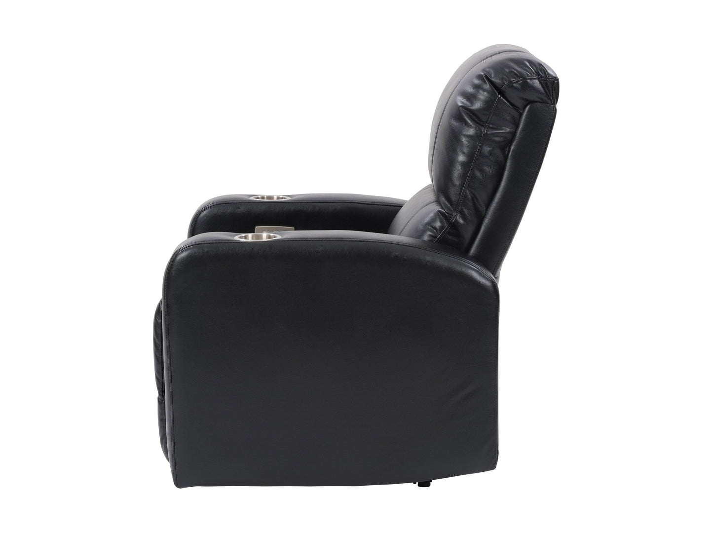 Black leather power recliner with cup holder, padded armrests, and sleek modern design.