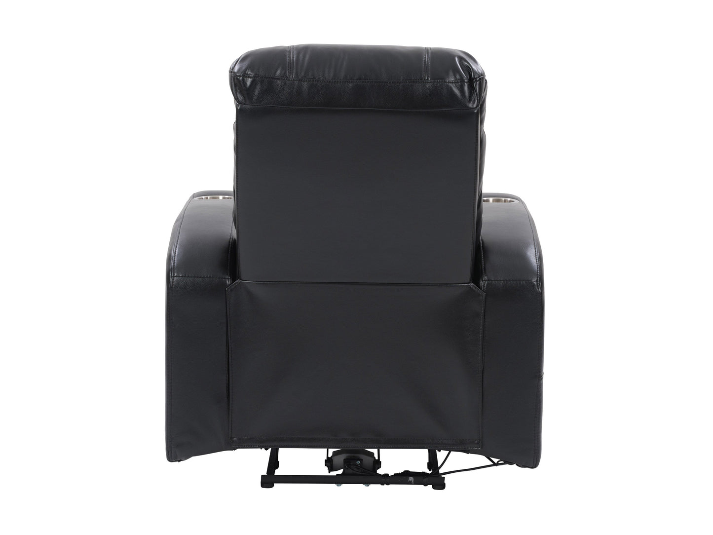 Black leather power recliner with cup holder, sleek design, and comfortable padded seating.