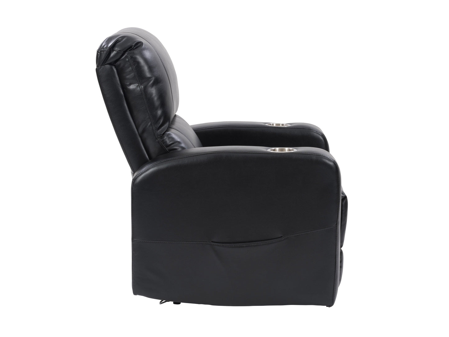 Black leather power recliner with cup holder, plush cushions, and modern design.