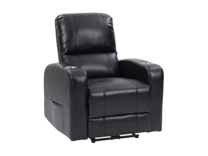 Black power recliner with cup holder, leather upholstery, and padded armrests for ultimate comfort and convenience.