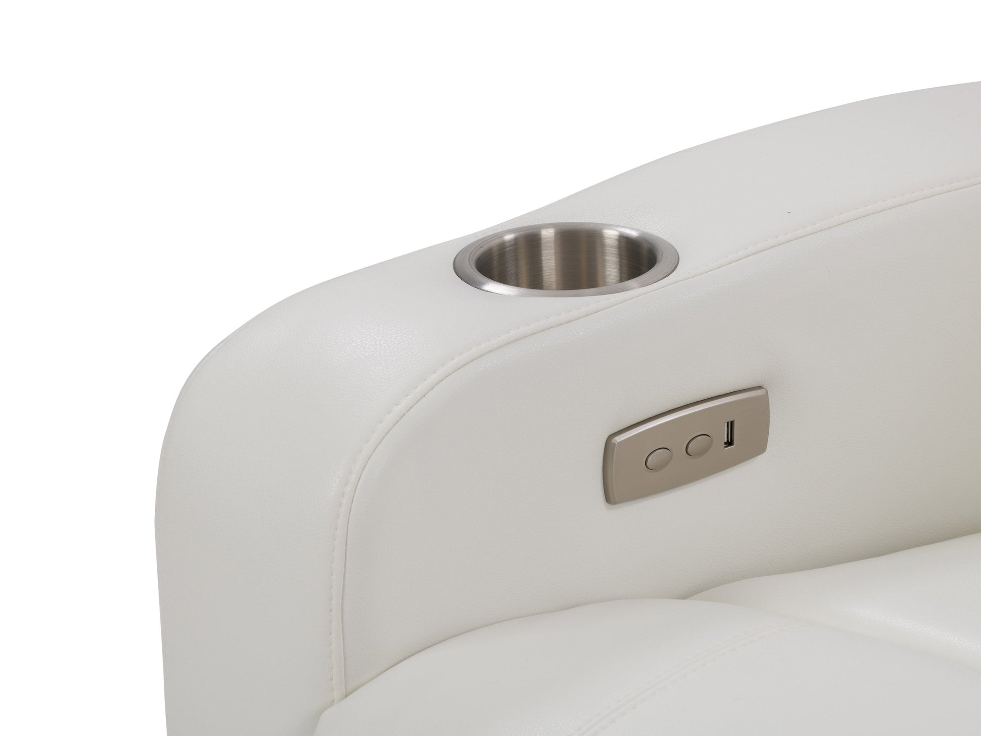 White leather power recliner with cup holder, adjustable headrest, and modern design.