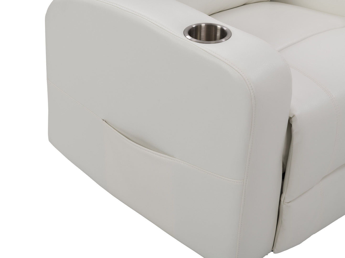 White leather power recliner with cup holder, plush cushioning, and sleek modern design.