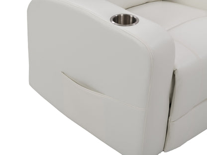 White leather power recliner with cup holder, plush cushioning, and sleek modern design.